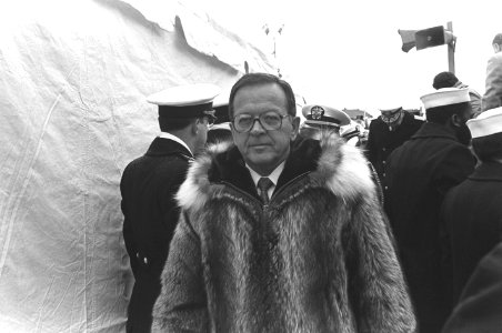 Ted Stevens arrives for the commissioning of the nuclear-powered strategic missile submarine USS ALASKA