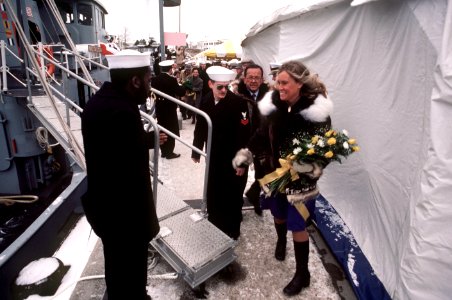 Ted Stevens, R-Alaska, and his wife, Catherine, board a tug after the commissioning of the nuclear-powered strategic missile submarine USS ALASKA
