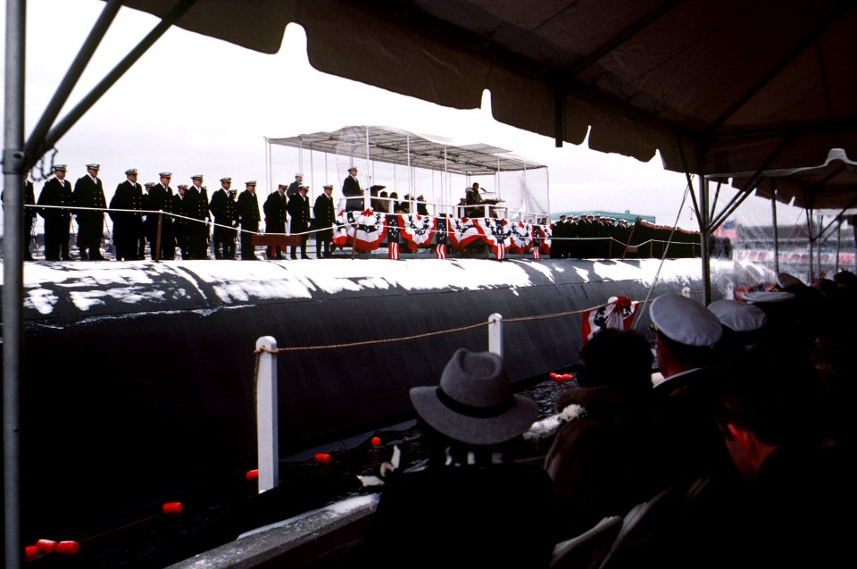 Ted Stevens speaks during the commissioning of the nuclear-powered strategic missile submarine USS ALASKA (SSBN 732)
