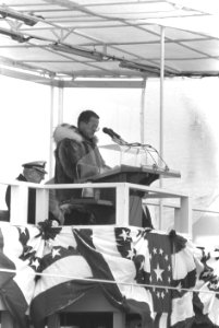 Ted Stevens speaks during the commissioning of the nuclear-powered strategic missile submarine USS ALASKA