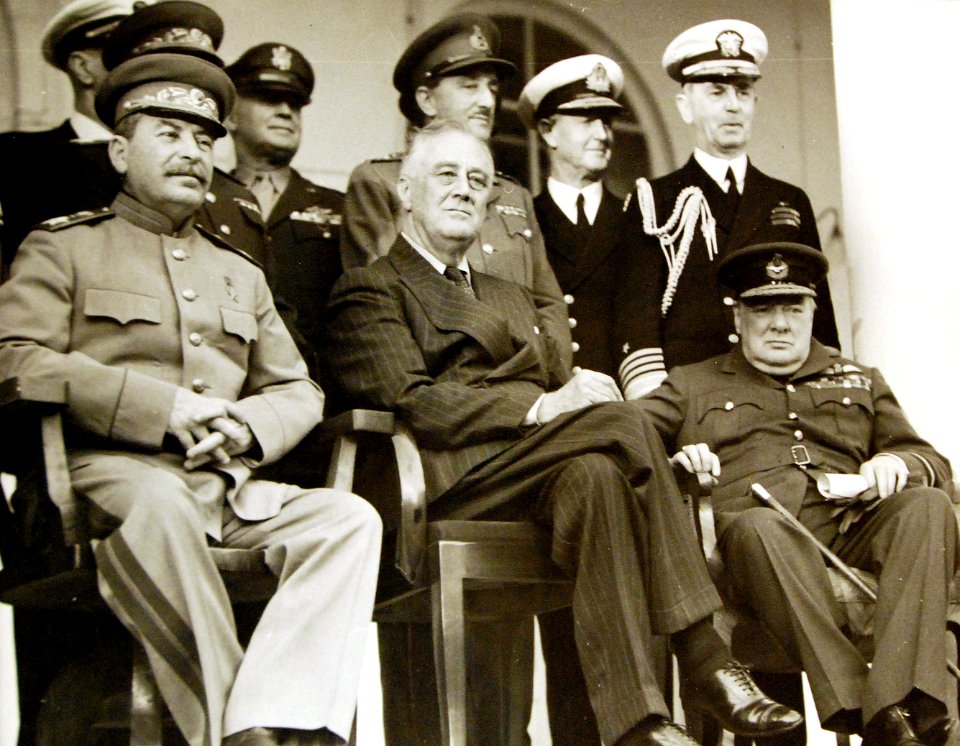 Tehran Conference leaders Stalin, Roosevelt and Churchill at Russian Embassy in Iran, 1943 (24295403902)
