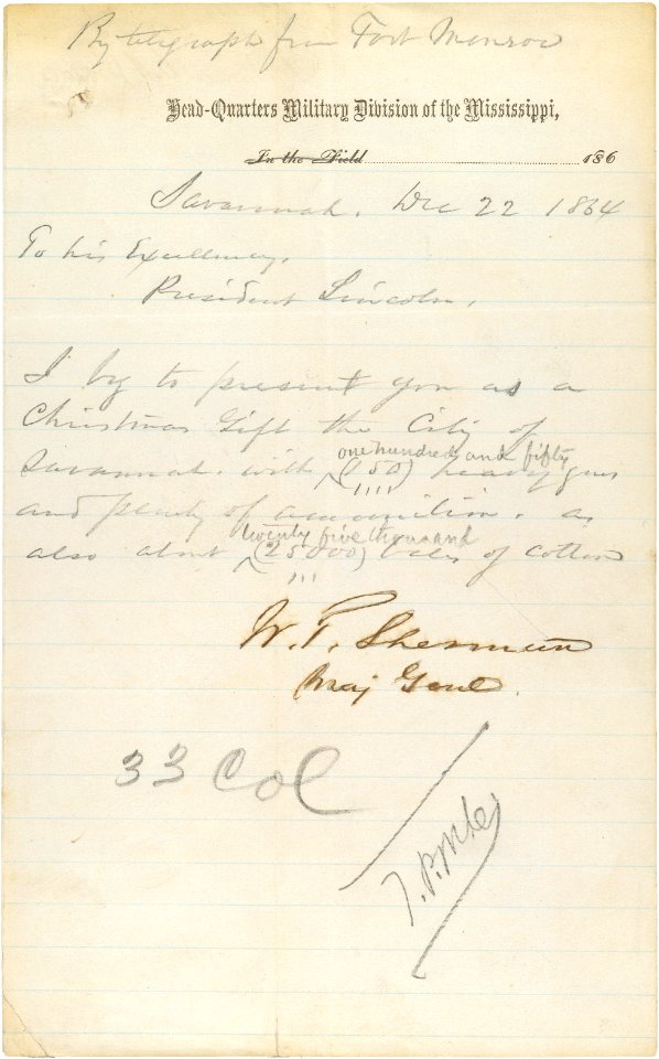 Telegram from General William T. Sherman to President Abraham Lincoln, 12-22-1864 (6023480196)