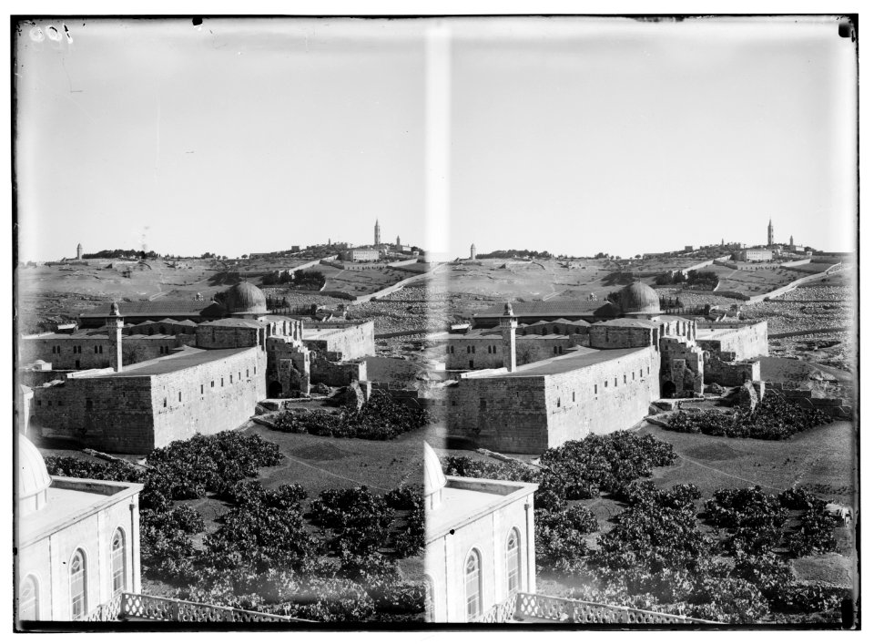Temple area, Mosque of Omar (i.e., Dome of the Rock), etc. Mosque el-Aksa (i.e., al-Aqsa) and Olivet. LOC matpc.00899