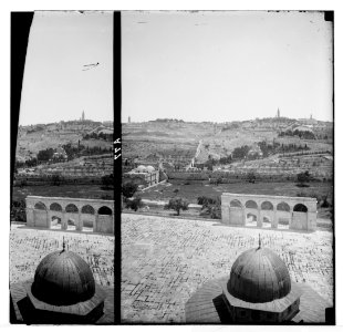Temple area, Mosque of Omar (i.e., Dome of the Rock), etc. Golden Gate and Olivet from the dome of mosque. LOC matpc.05042