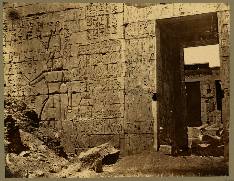 Temple wall with hieroglyphics and entrance, rubble inside and out, Medinet Habu Site, Egypt) - Bonfils LCCN2004667871