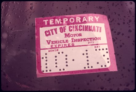 Temporary 30-Day Sticker Attached to the Windshield of a Young Woman's Car Which Had Failed Testing at an Auto Emission Inspection Station in Downtown Cincinnati, Ohio...09-1975 (4265798681)