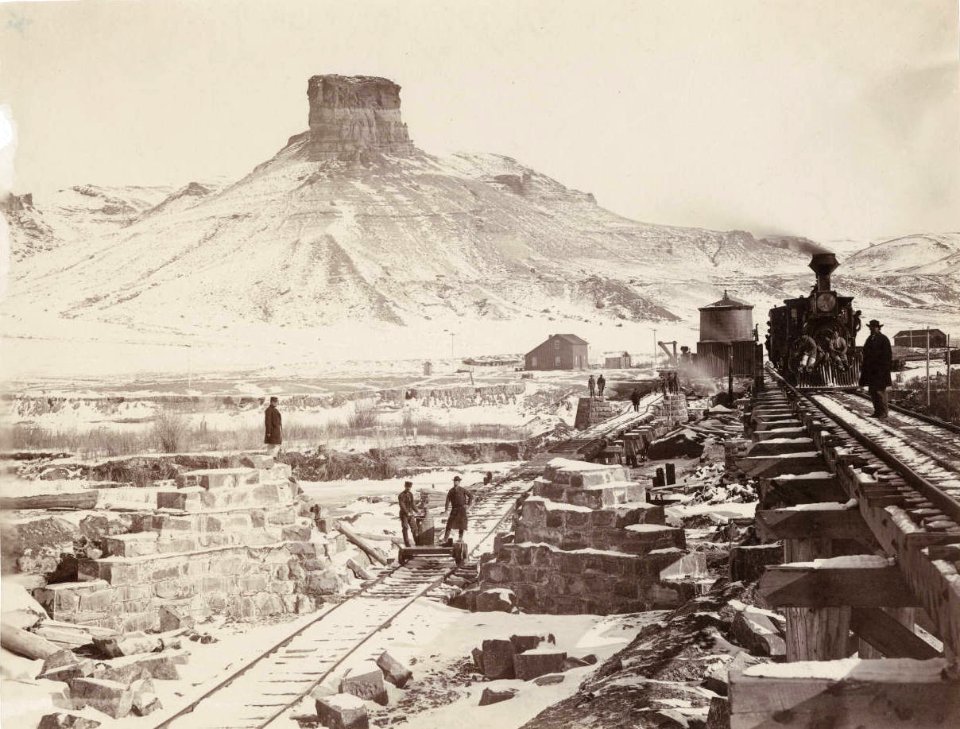 Temporary and permanent bridges and Citadel Rock Green River by Andrew J Russell