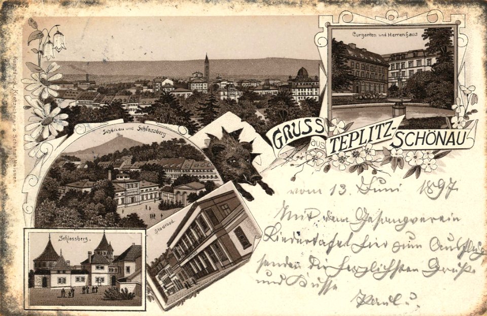 Teplitz (CZ), Tschechien - Kurgarten und Herrenhaus; Schönau und Schlossberg; Schlossberg (Zeno Ansichtskarten)