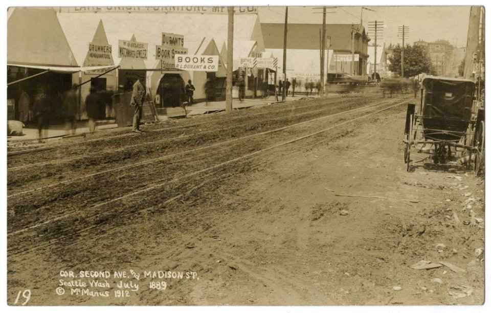 Tents at Second Ave and Madison St after Great Fire, July 1899 (MOHAI 11928)
