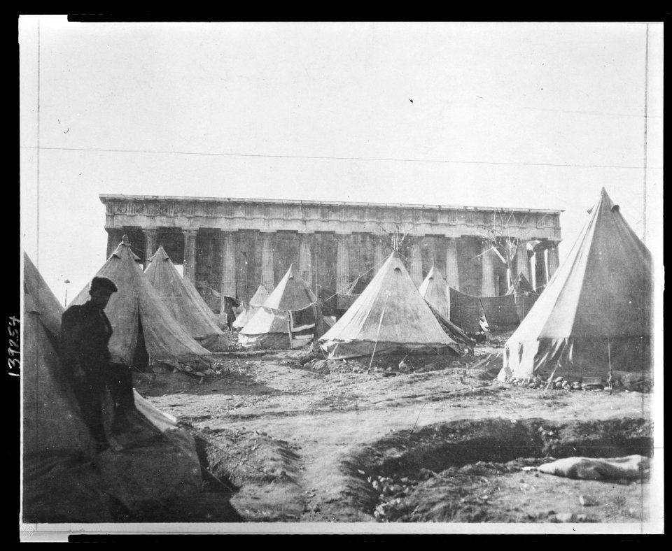 Tent village in the shadows of the Temple of Theseus, Athens, where Greek refugees make thier (sic) homes LCCN2010650546