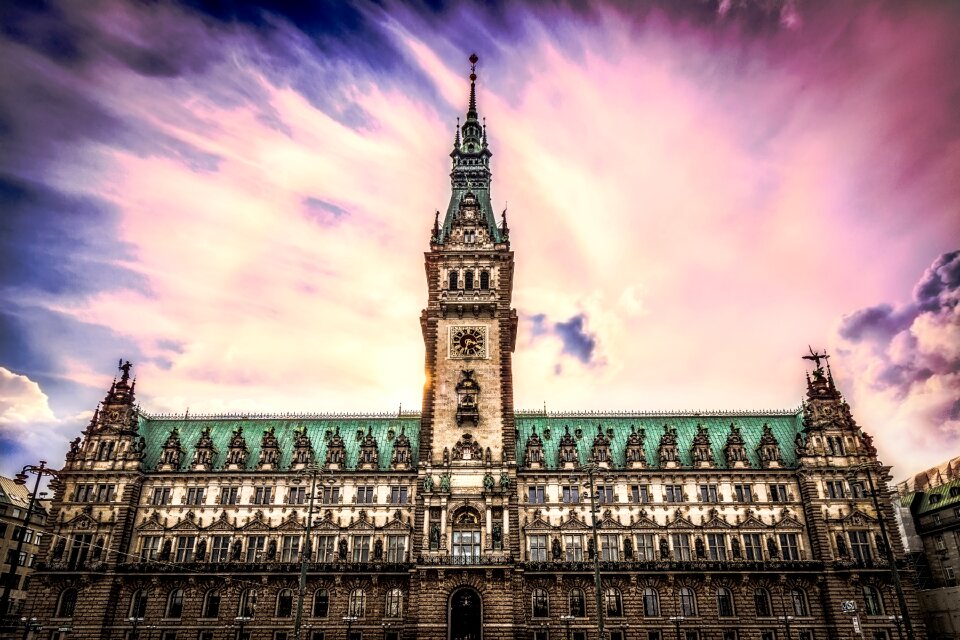 Hamburg town hall sunset