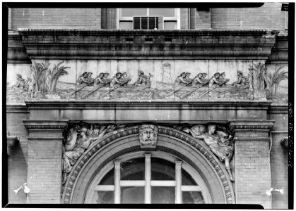 Terra cotta frieze sailors in rowboats pension building