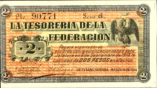 Tesorería de la Federación, billete del Estado de Sonora