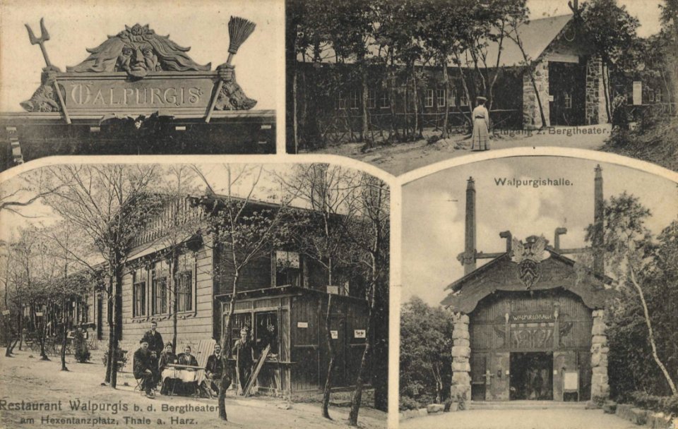 Thale, Sachsen-Anhalt - Bergtheater, Eingang; Walpurgishalle; Walpurgishalle, Groteske Giebelbekrönung (Zeno Ansichtskarten)