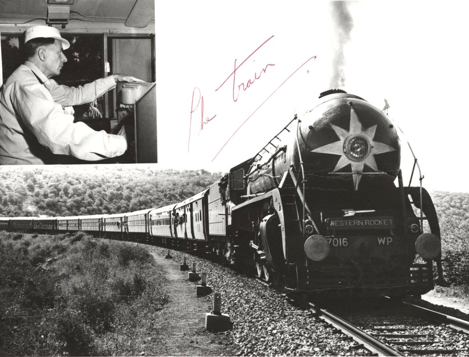 The Western Rocket train in India, with an inset showing John Kenneth Galbraith at the controls