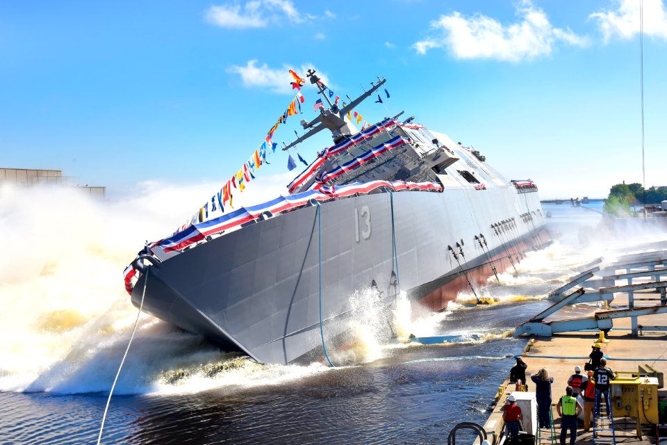 The 13th littoral combat ship, the future USS Wichita (LCS 13) launches sideways (29725271776)