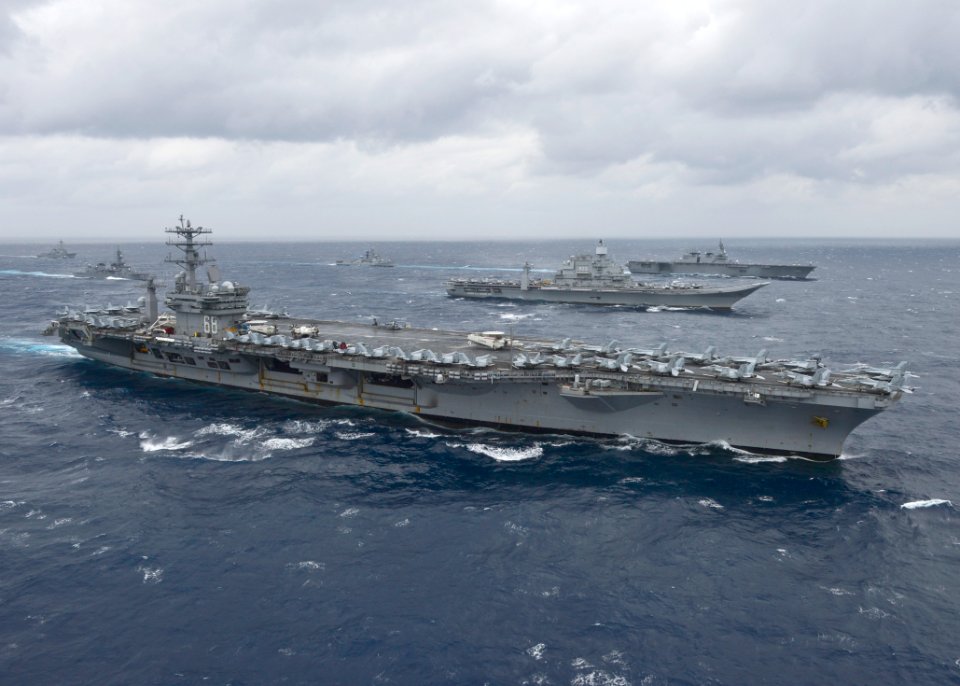 The aircraft carrier USS Nimitz (CVN 68) leads a formation of ships from the Indian Navy, JMSDF and the U.S. Navy July 17, 2017 in the Bay of Bengal as part of Exercise Malabar 2017