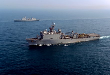 The amphibious dock landing ship USS Ashland (LSD 48), front, transits the East China Sea with the South Korean destroyer ROKS Dae Jo-yeong (DDH 977) during a photo exercise March 27, 2014 140327-N-BJ178-804