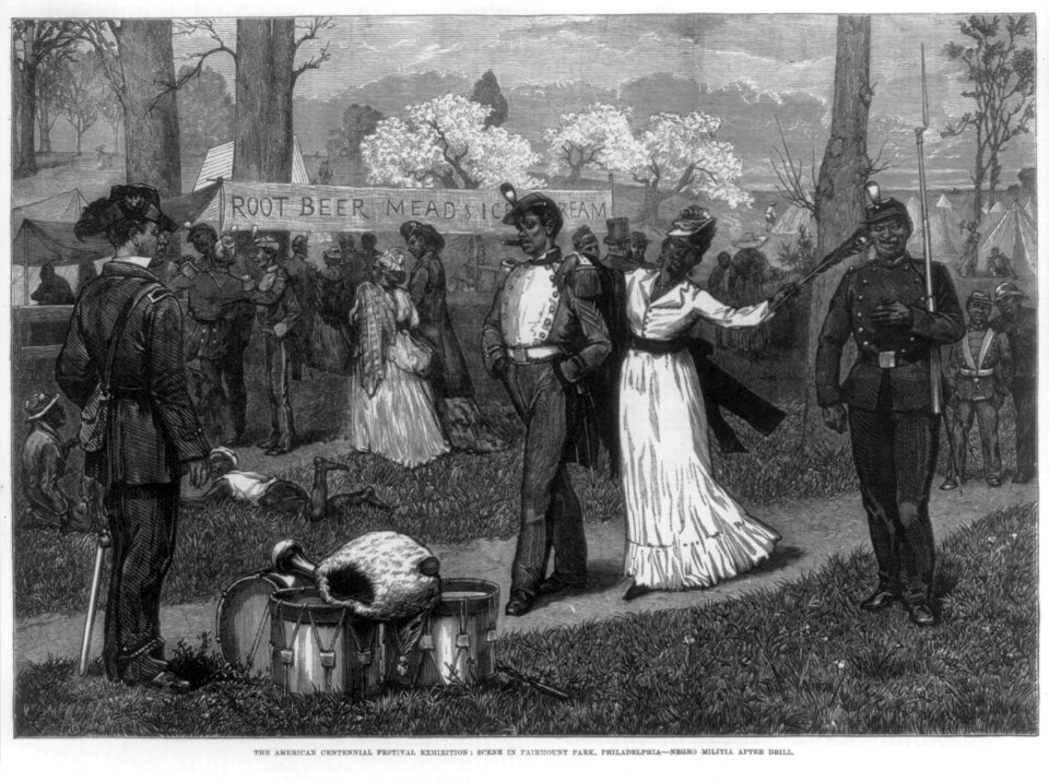 The American Centennial Festival Exhibition- Scene in Fairmount Park, Philadelphia-Negro militia after drill LCCN2006677409