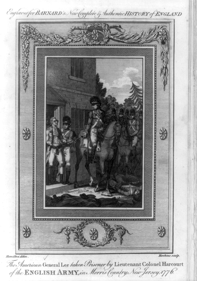 The American general Lee taken prisoner by lieutenant colonel Harcourt of the English army, in Morris Country, New Jersey, 1776 - Hamilton delin. ; Hawkins sculp. LCCN2004670024