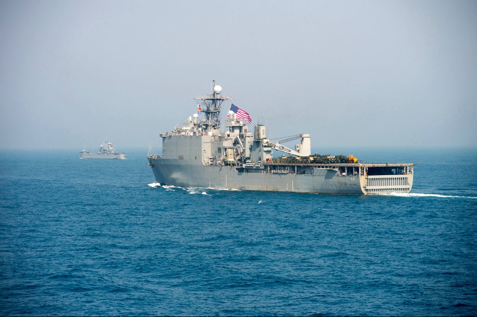 The amphibious dock landing ship USS Ashland (LSD 48) and other ships assigned to the Bonhomme Richard Amphibious Ready Group steam in formation with Republic of Korea Navy ships during a photo exercise in 140327-N-ZU025-121