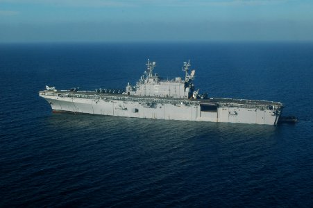 The amphibious assault ship USS Peleliu (LHA 5) stages along the coast of San Clemente Island for the beach assault phase of exercise Iron Fist 2012. (6877075123)