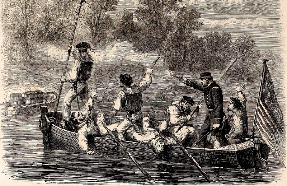 The Civil War in America, Confederates trapping a Boat's Crew of the Potomac Fleet - ILN 1861 (14593804100) (cropped)