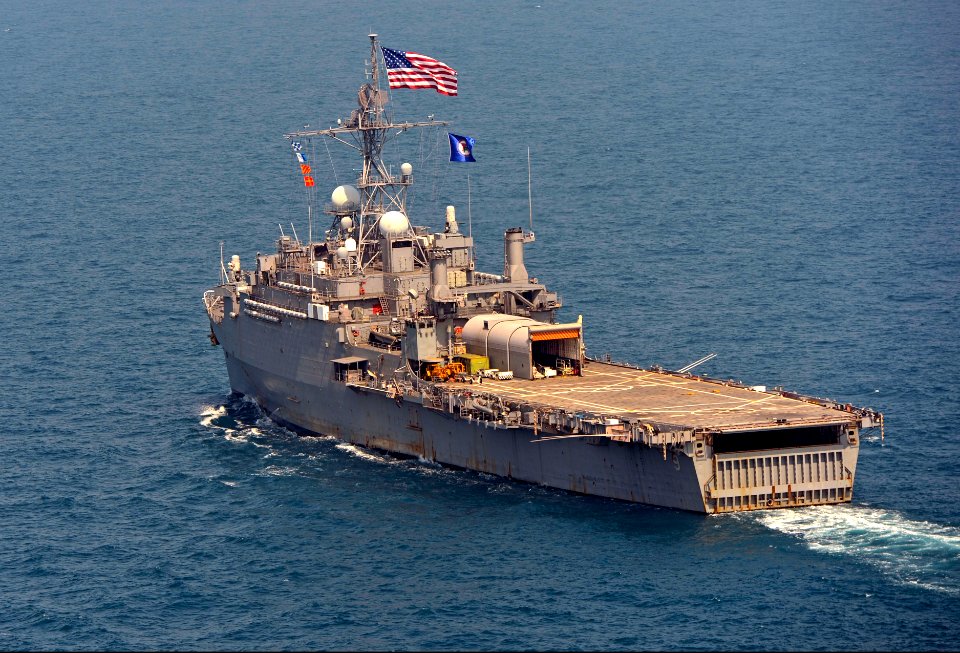 The amphibious transport dock ship USS Denver (LPD 9) transits the East China Sea during a photo exercise March 27, 2014 140327-N-BJ178-071