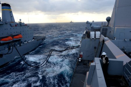 The amphibious transport dock ship USS Mesa Verde (LPD 19), right, conducts a replenishment at sea with the fleet replenishment oiler USNS John Lenthall (T-AO 189) in the Mediterranean Sea March 12, 2014 140312-N-BD629-135