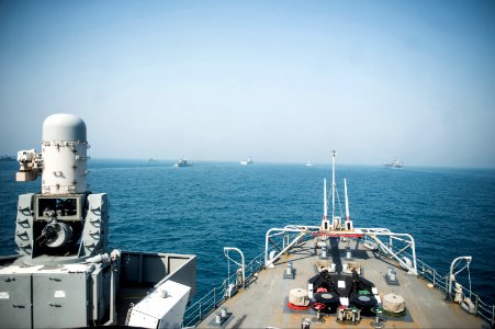 The amphibious transport dock ship USS Denver (LPD 9) transits the East China Sea in formation with ships assigned to the Bonhomme Richard Amphibious Ready Group (ARG) and Republic of Korea Navy ships during 140327-N-ZU025-108