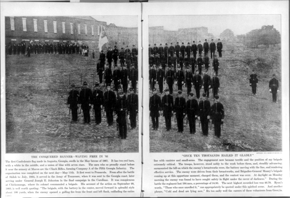 The Clinch Rifles (Co. A, 5th Georgia Infantry) in ranks outside the armory at Macon, Ga.; with the first Confederate flag. May 1861 LCCN2006683479