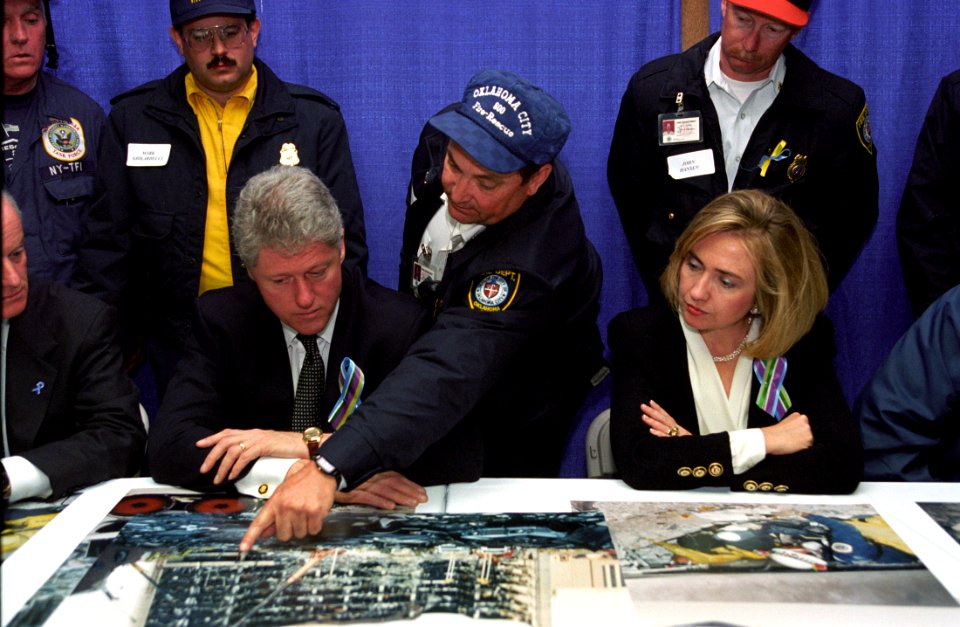 The Clintons meet with first responders for a briefing about the Oklahoma City bombing