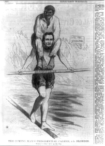 The coming man's presidential career, a la Blondin (Cartoon of Lincoln dressed as the famous tight-rope walker Blondin, crossing Niagara Falls carrying black man on hisshoulders and LCCN99614253