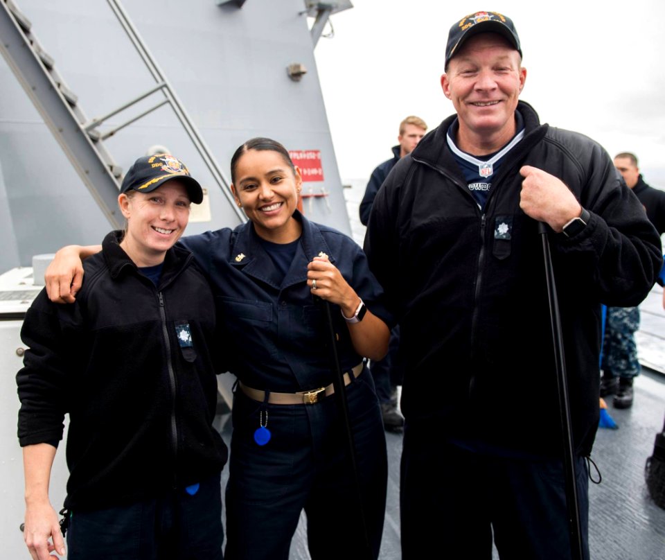 The CO, XO, and CMDCM of USS Wayne E. Meyer, 2016