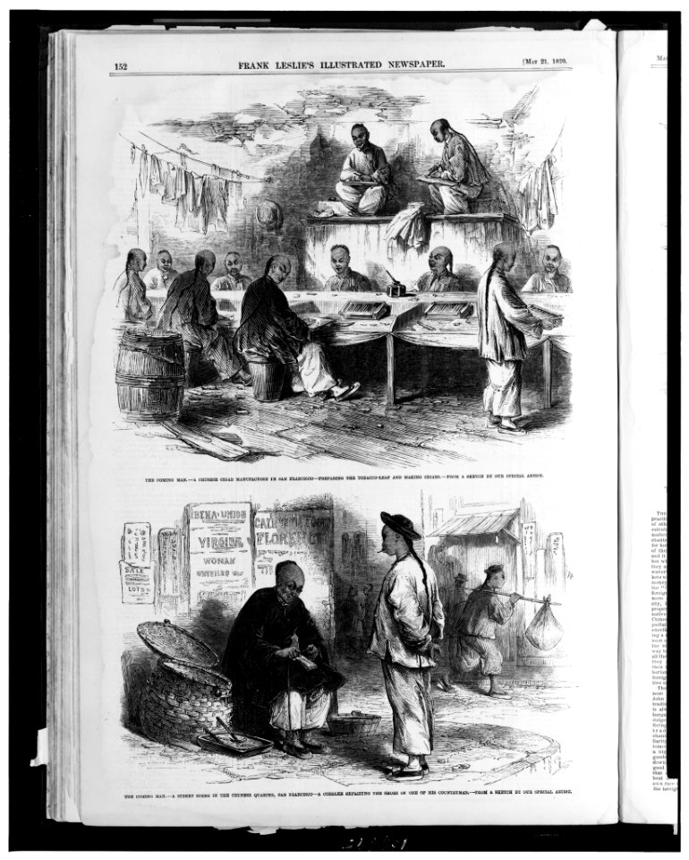 The Coming man.-A Chinese cigar manufactory in San Francisco-preparing the tobacco-leaf and making cigars - - from a sketch by our special artist. The Coming man.-A street scene in the LCCN93500629