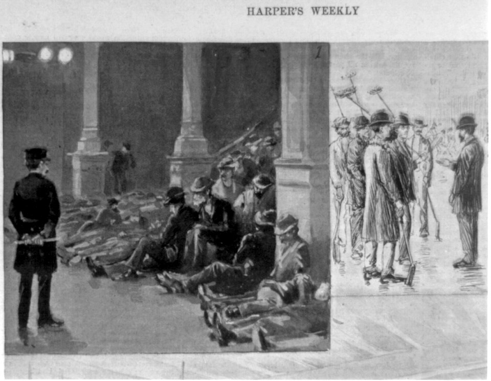 The Corridor of the City Hall at night (Policeman looking at group of men seated and lying down) LCCN99614173