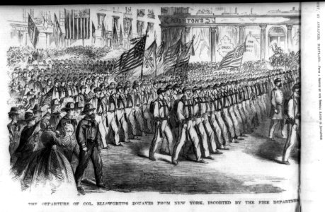The departure of Col. Ellsworth's Zouaves from New York, escorted by the fire department LCCN2003653500