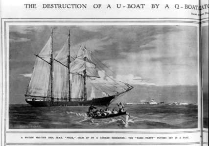 The destruction of a U-boat by a Q-boat. A British mystery ship, H.M.S. PRIZE, held up by a German submarine- the panic party putting off in a boat LCCN2004671890