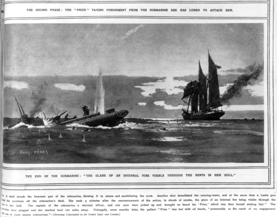 The end of the submarine- the glare of an internal fire visible through the rents in her hull LCCN2004671887