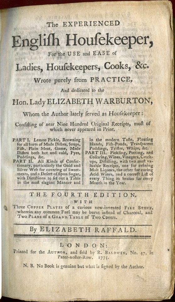 The Experienced English Housekeeper Elizabeth Raffald Title Page 1775