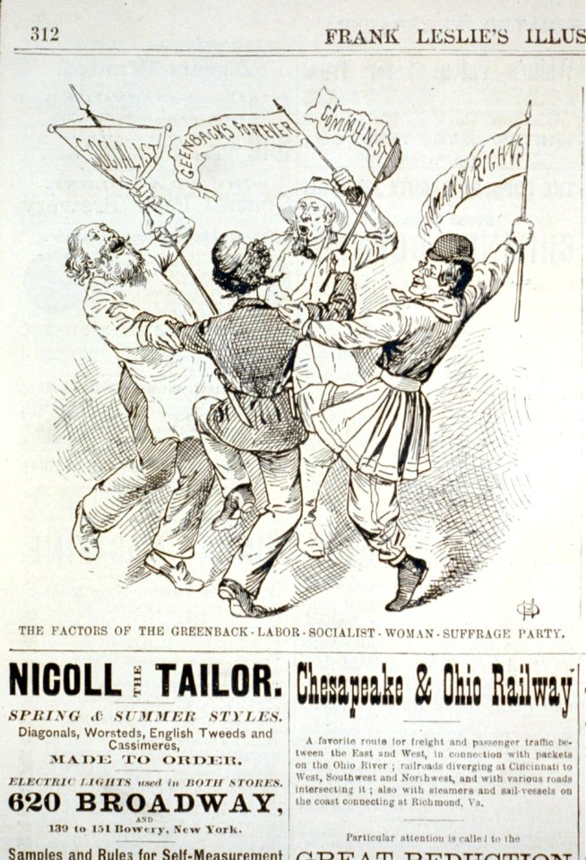 The factors of the Greenback-Labor-Socialist-Woman-Suffrage Party (caricature of 4 men dancing, each holding banner of their party of the party) LCCN2001696529