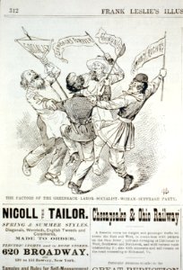 The factors of the Greenback-Labor-Socialist-Woman-Suffrage Party (caricature of 4 men dancing, each holding banner of their party of the party) LCCN2001696529