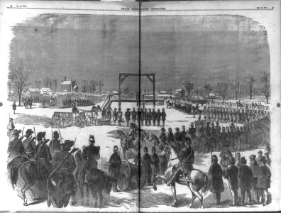 The Execution of Cook and Coppock ... (Charlestown, W. Va., Dec. 17, 1859; panoramic view of soldiers surrounding gallows from which 2 of the Harper's Ferry Raiders are hanging) LCCN99614098