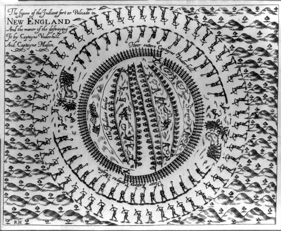 The figure of the Indians' fort or palizado in New England and the manner of the destroying it by Captayne Underhill and Captayne Mason - RH. LCCN2001695745