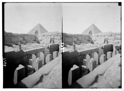 The fourth pyramid of Gizeh, etc. (recently discover(e)d). Granite temple of the sphinx near the Pyramid of Gizeh. Head of sphinx and Great Pyramid. LOC matpc.02920