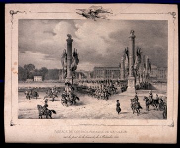 The funeral cortège of the remains of Napoleon Bonaparte passing a bridge in Paris in 1840