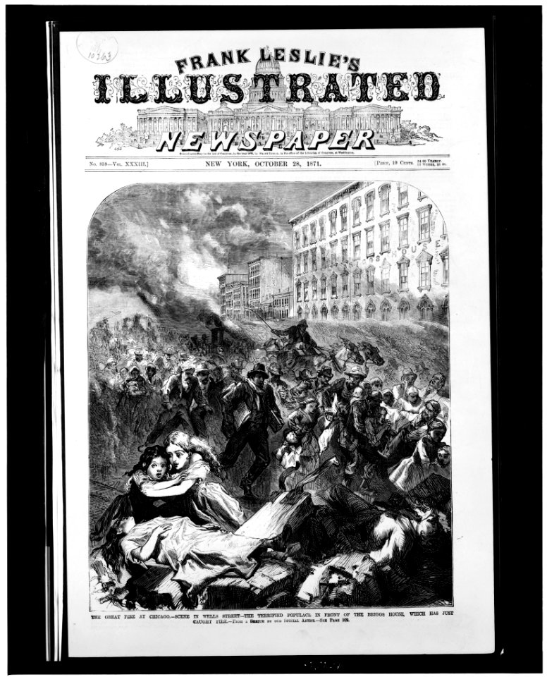 The Great fire at Chicago. Scene in Wells Street - the terrified populace in front of the Briggs House, which has just caught fire - from a sketch by our special artist. LCCN94501371