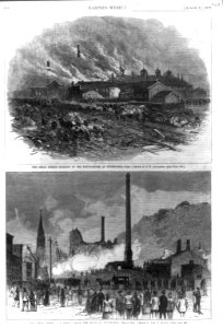 The Great (railroad) Strike (Pittsburgh, Pa. 1877)- Burning of the Round-house at Pittsburgh; A funeral among the ruins... (2 scenes (single page)) LCCN99614204