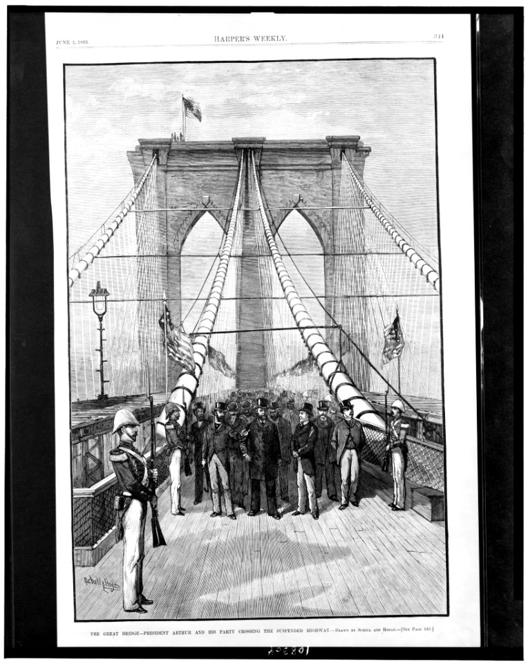 The Great bridge - President Arthur and his party crossing the suspended highway - drawn by Schell and Hogan. LCCN93512102