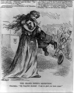 The Grand Duke's reception (Cartoon showing Columbia holding the Duke and saying to him, My long-lost Alexis! I am so glad you have come!) LCCN99614250